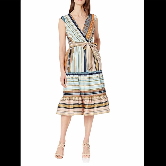 Donna Morgan Striped Tie Waist Flounce Hem Dress - Picture 1 of 11